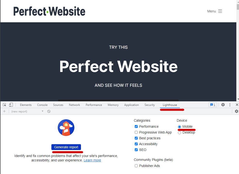 Start the Lighthouse test